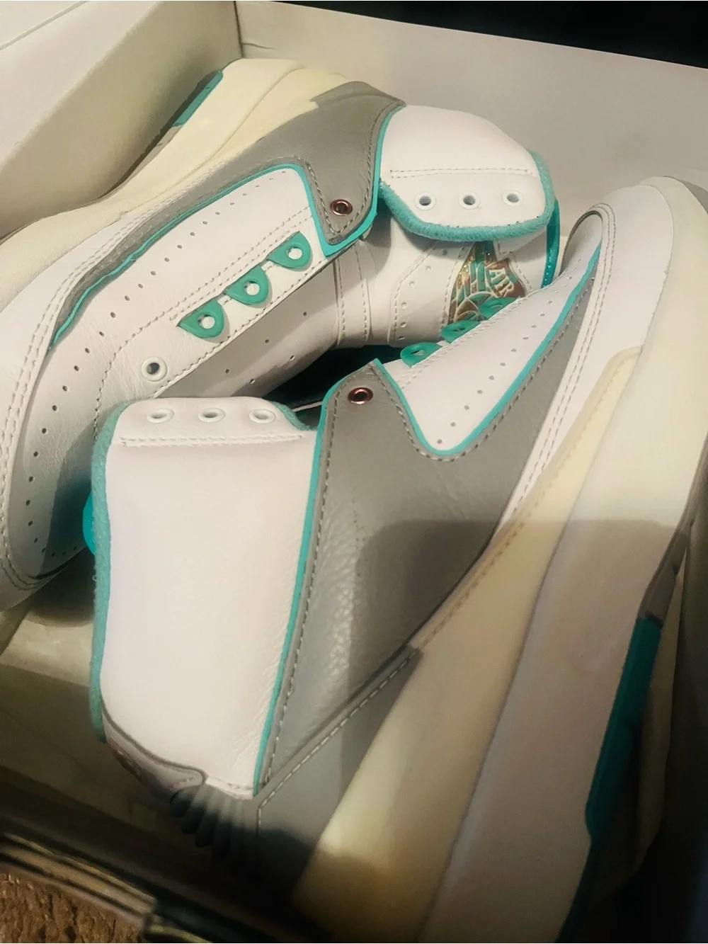 White & Gray Leather High-Top Sneakers with Teal Accents - Picture 2 of 3